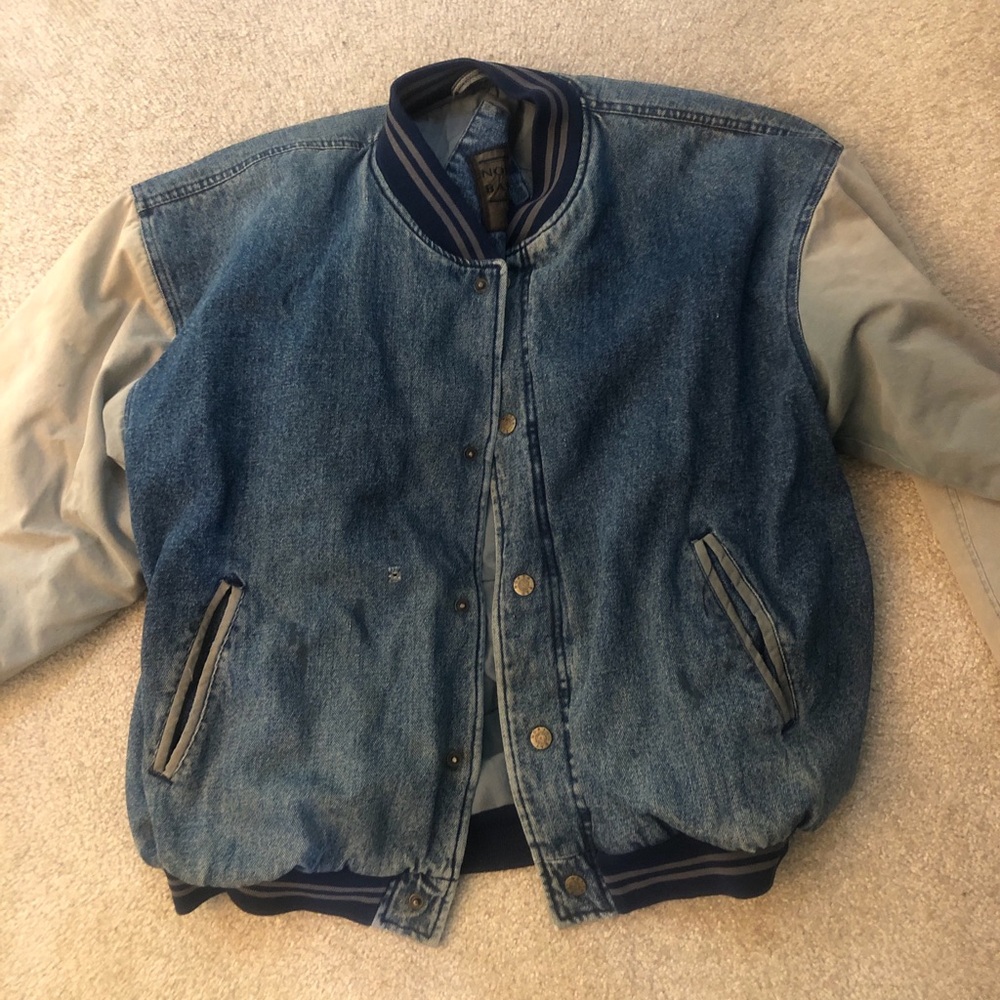 Vintage Denim blue jean Bomber Jacket has stains, faded and tiny tear as shown